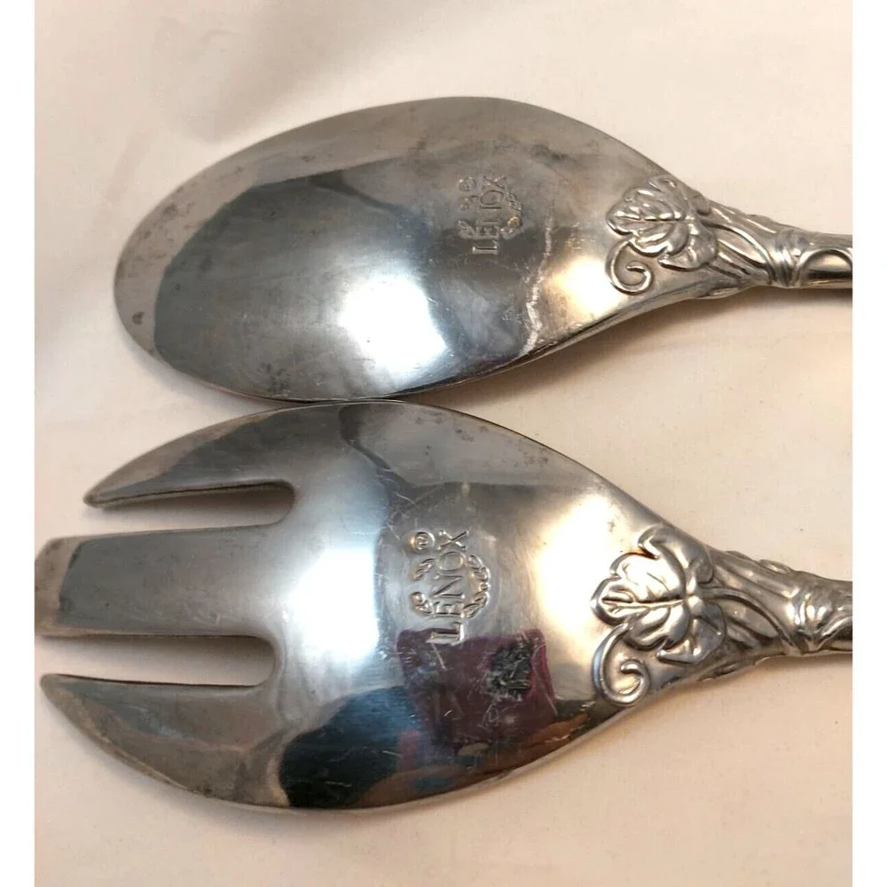Vintage Lenox Salad Spoon Fork Server Set Aluminum Grapes Leaves 11.5”